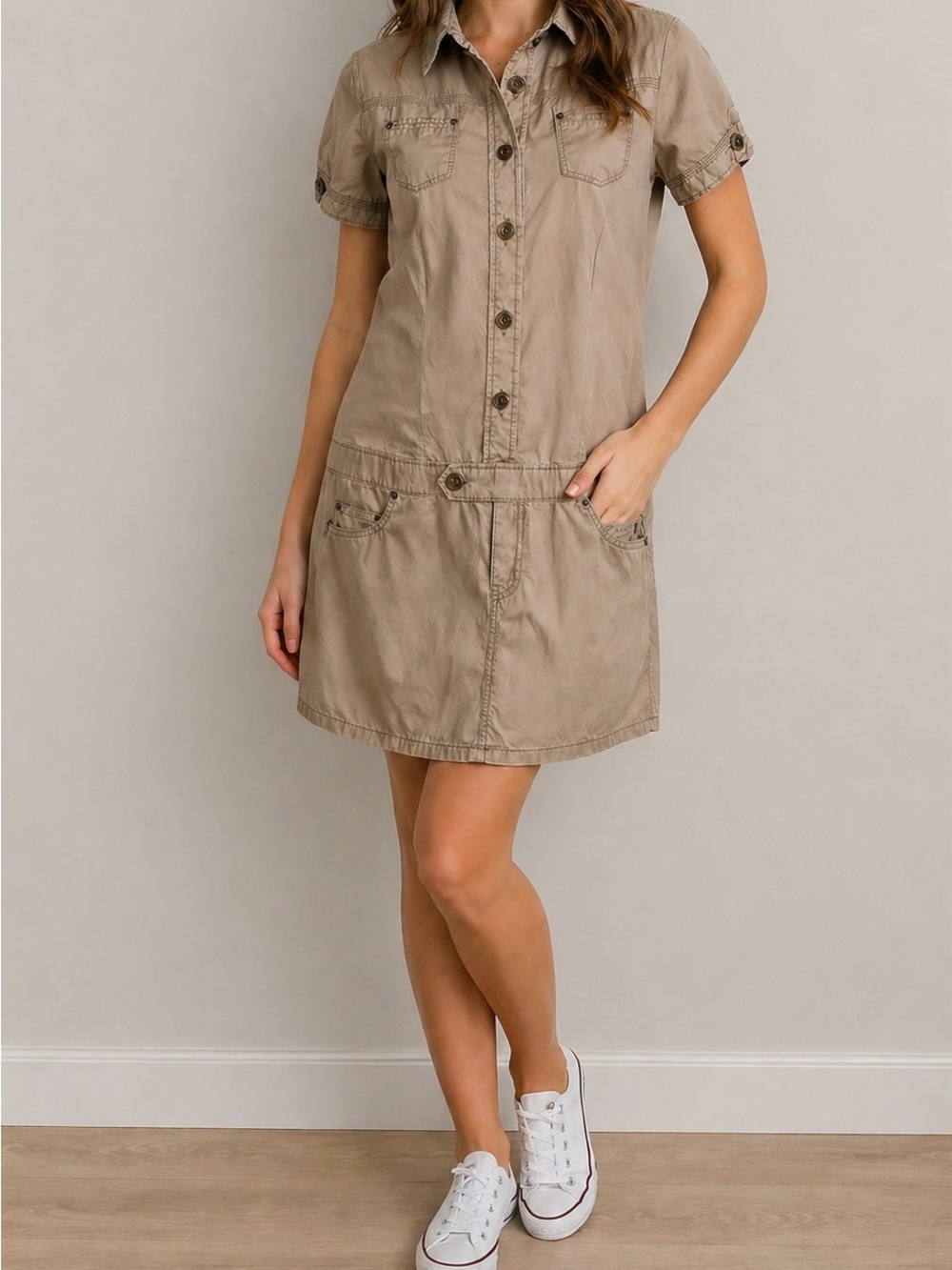 Safari Utility Dress Khaki Button Front Cargo Minimalist Casual